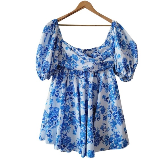 Caroline Constas White and Blue Floral Brie Mini Dress - Picture 1 of 12